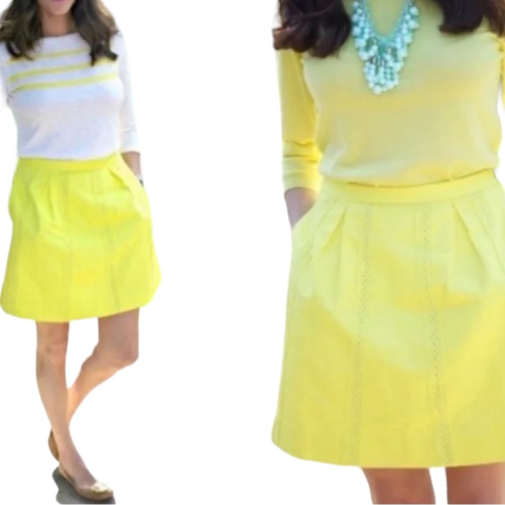 NWT J Crew Citron Yellow Lace Stripe Pleated Lined Skirt with Pockets (T)